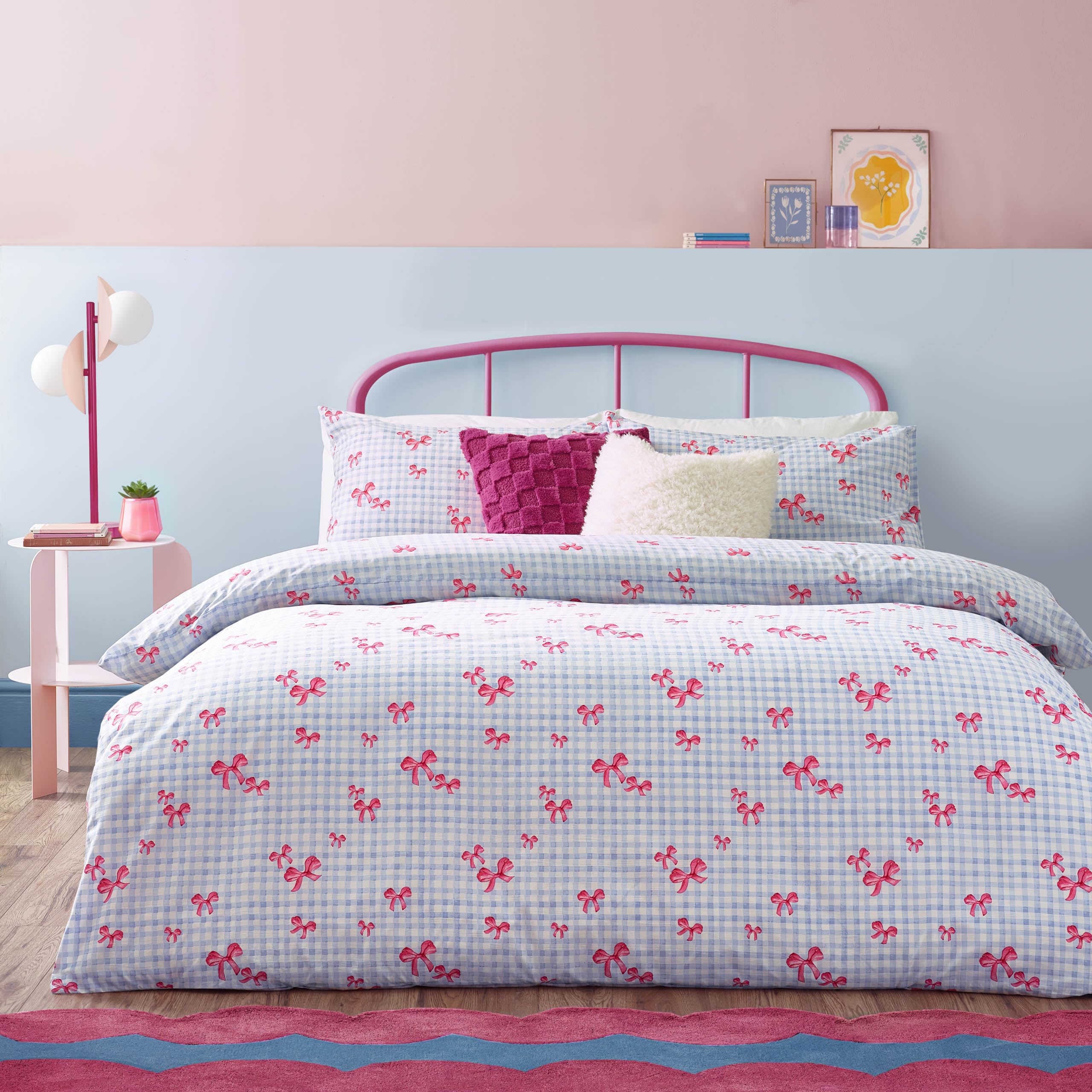 Heya Home Super King Duvet Set - Blue - Gingham Bows Print