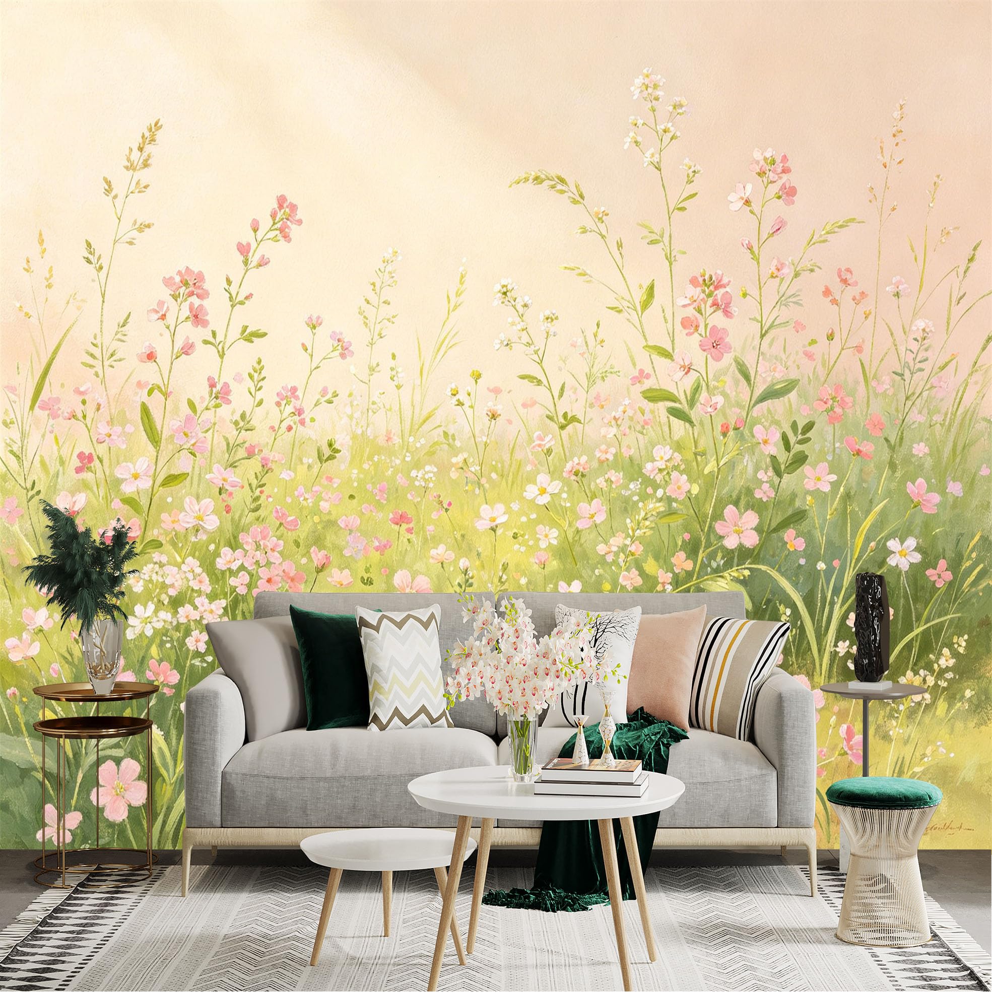 Lnzczhyre Dbh260521711 Custom Size Wall Sticker Mural， Soft Watercolor Pink Wildflowers， Meadow Grass And Blooming Field， For Wall Decoration， Peelandstick Wall Decals.