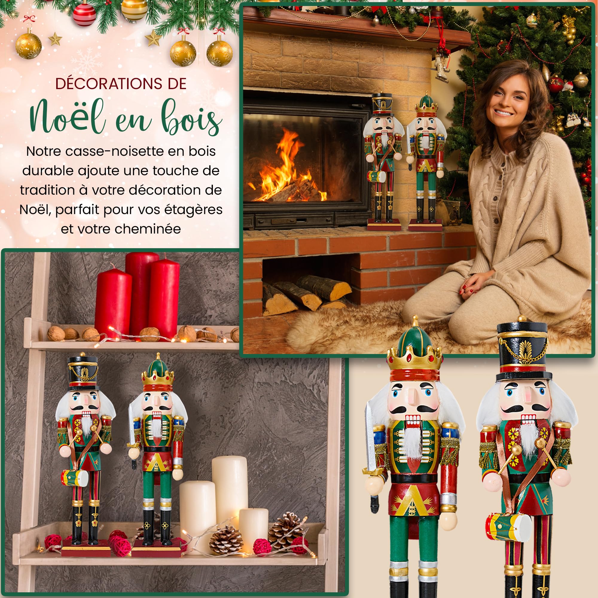 Soldat Casse-Noisette Décoration Noël Traditionnel - 2 Figurines Casse-Noisette Noël en Bois, 30 cm pour déco de Table, Pied de Sapin, crèche, cheminée, Nutcracker Christmas