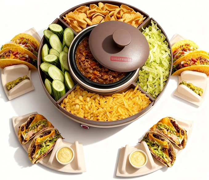 Lazy Susan Taco Bar & Condiment Containers with Lids, 4 Taco Holders for Taco Tuesday Kit, Fondue Pot for Taco Bell Sauce, Burritos, Nachos, and Fajitas, Brown