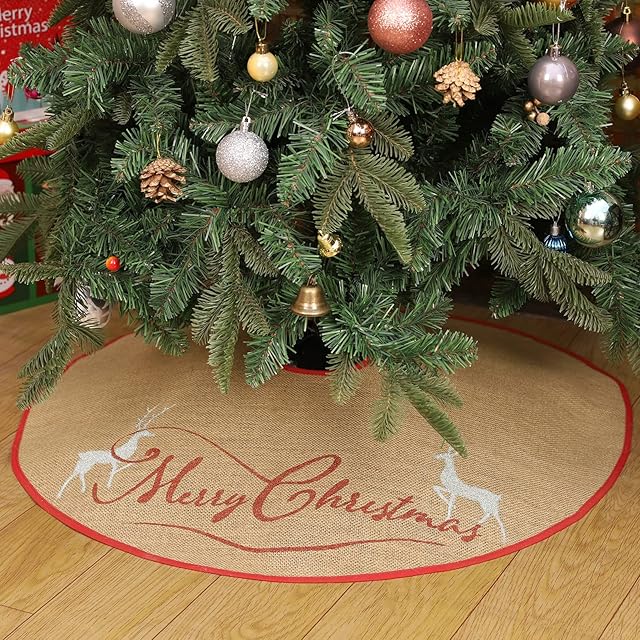 N&T NIETING Christmas Tree Skirt, 30 Inches Burlap Tree Skirt with Silver Glitter Merry Christmas Tree Base Cover for Xmas Holiday Home Decoration