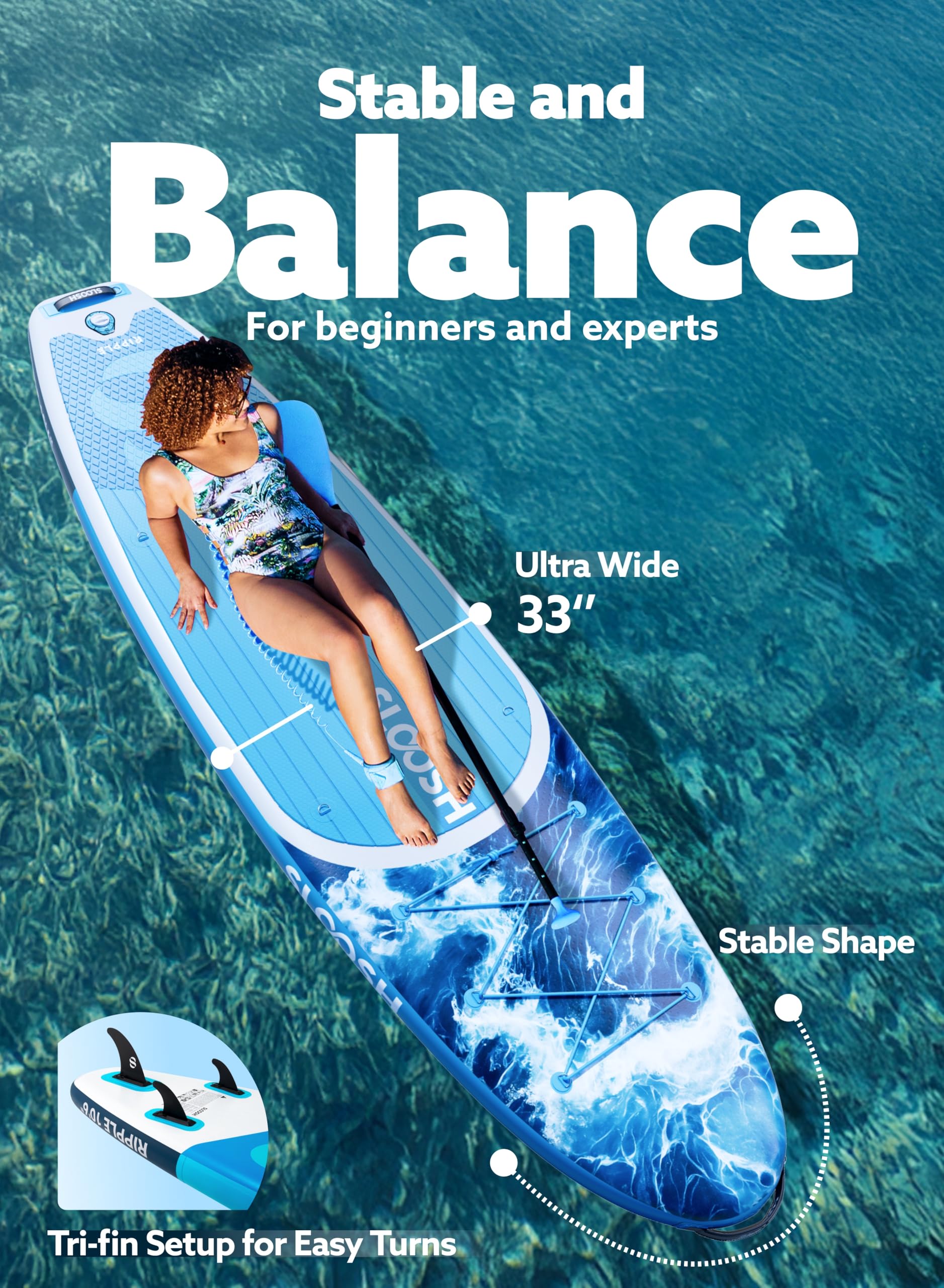 SLOOSH Aufblasbares Stand-Up-Paddle-Board, 10'6" Paddleboard mit Premium-Zubehör, rutschfestes Eva-Deck, ultraleichte Tragetasche und Pumpe, Ripple SUP für Jugendliche & Erwachsene