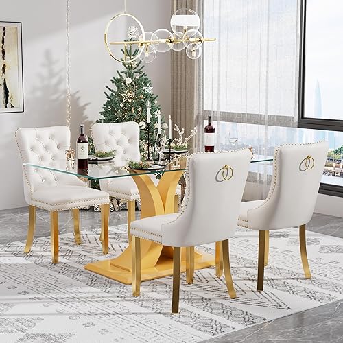 Miniatura 19 de Juego de mesa de comedor moderno de vidrio para 4, mesa de 160 cm de vidrio templado con base dorada estética y 4 sillas de comedor lujosas azules y