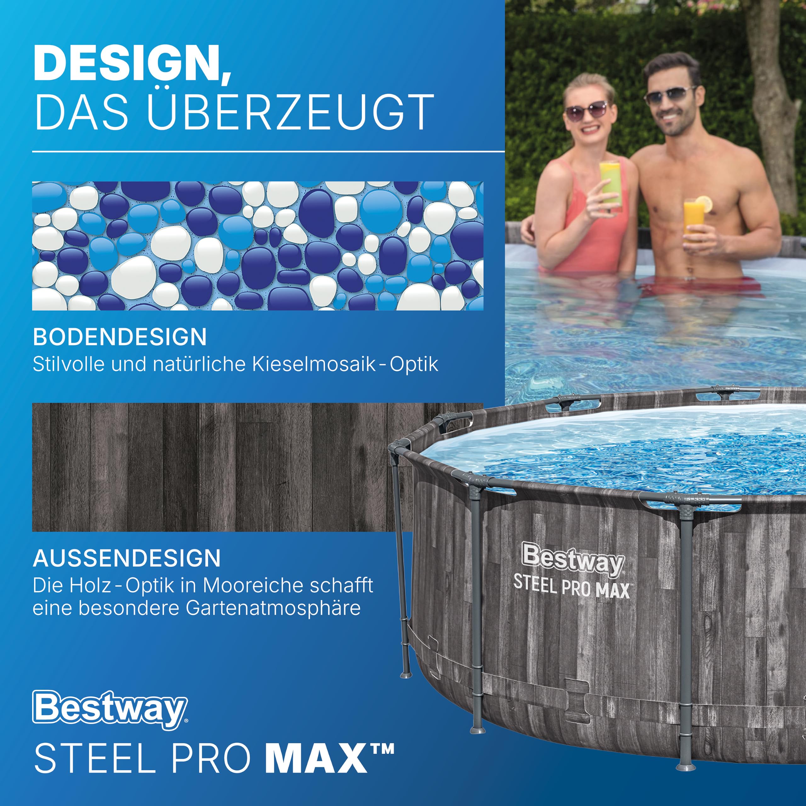Bestway Aufstellpool rund 366x100 cm Set mit Filterpumpe Holz-Optik 9150 L TriTech-Material