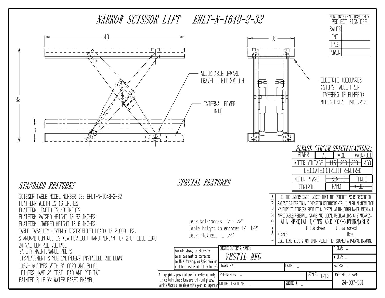Vestil EHLT-N-1648-2-32 Steel Electric Hydraulic Narrow Scissor Lift Table 16 In. x 48 In. 2000 Lb. Capacity Blue