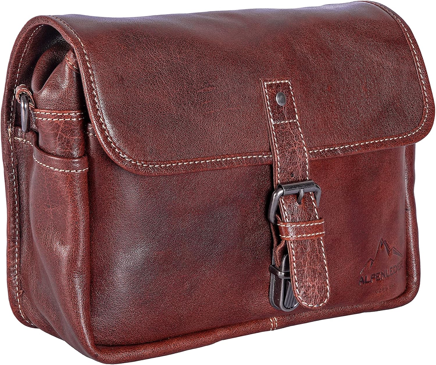 Alpenleder Kameratasche - Presse (Handgefertigt) - Nachhaltiges Bio-Leder aus regionaler Landwirtschaft | Kameratasche Spiegelreflex für Damen & Herren Leder *Fair Produziert* (30x10x20cm, Brandy)