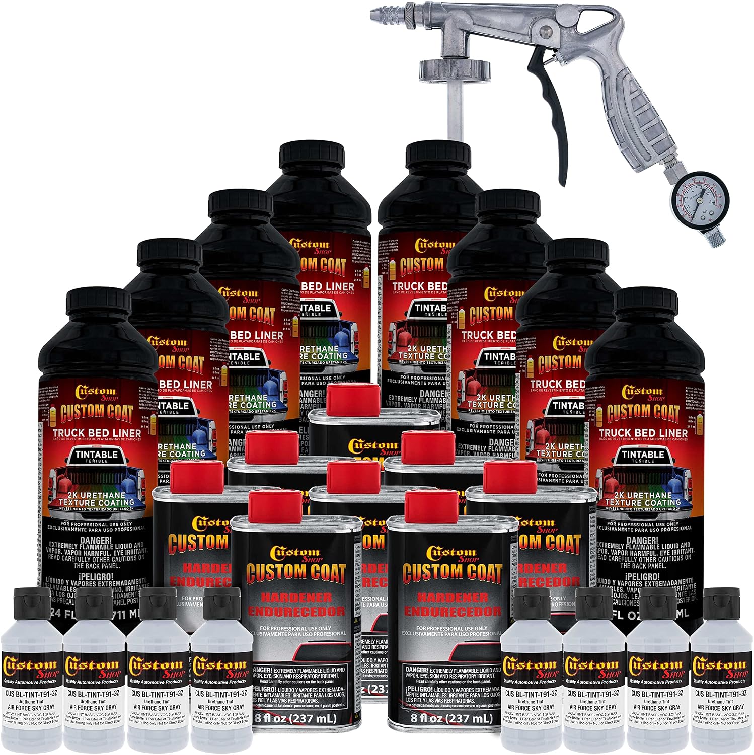 Custom Coat Federal Standard Color # 36473 Air Force Gray T91 Urethane Spray-On Truck Bed Liner, 2 Gallon Kit with Spray Gun and Regulator - Durable Textured Protective Coating - Easy Mix Car Auto