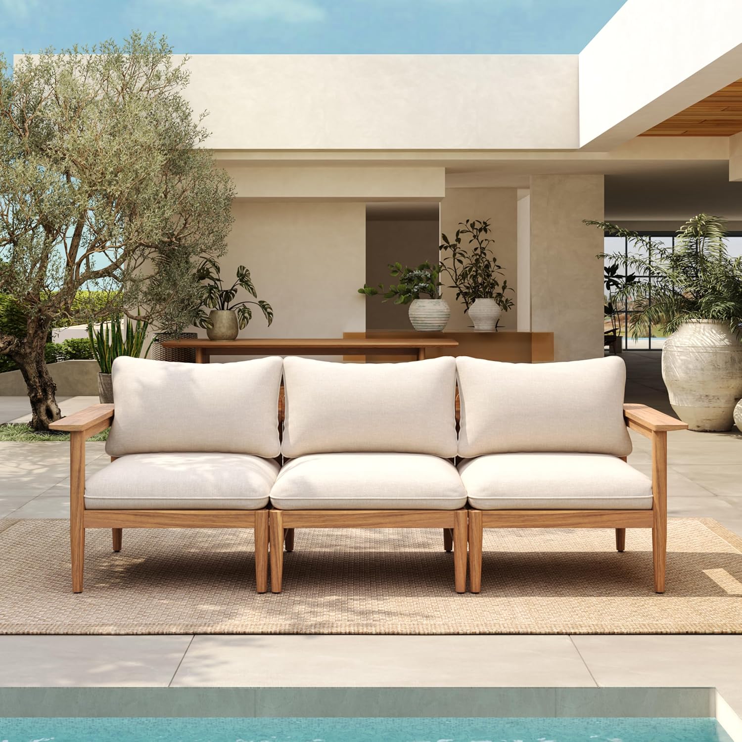 Christopher Knight Home Terassi Acacia Wood Outdoor 3 Seater Sofa, Solid Wood Patio Sofa with Removable Cushion, Comfy Lounge Sofa for Patio Furniture Set, Light Teak+Beige