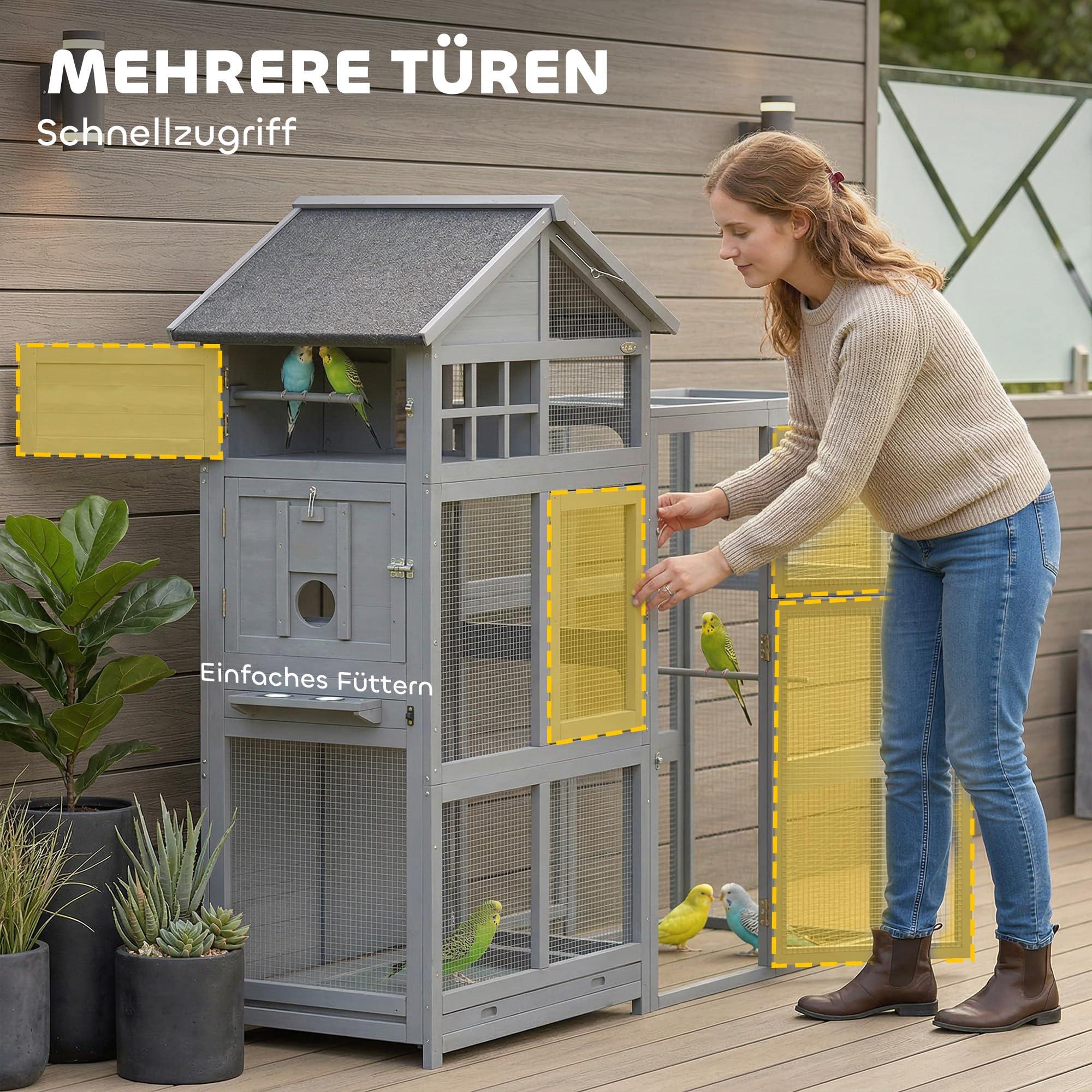 PawHut Pajarera de madera con ampliación, 6 perchas, 7 puertas, compartimento de almacenamiento, jaula para pájaros con cajón extraíble, cuencos de acero inoxidable, para pinzones, periquitos, gris