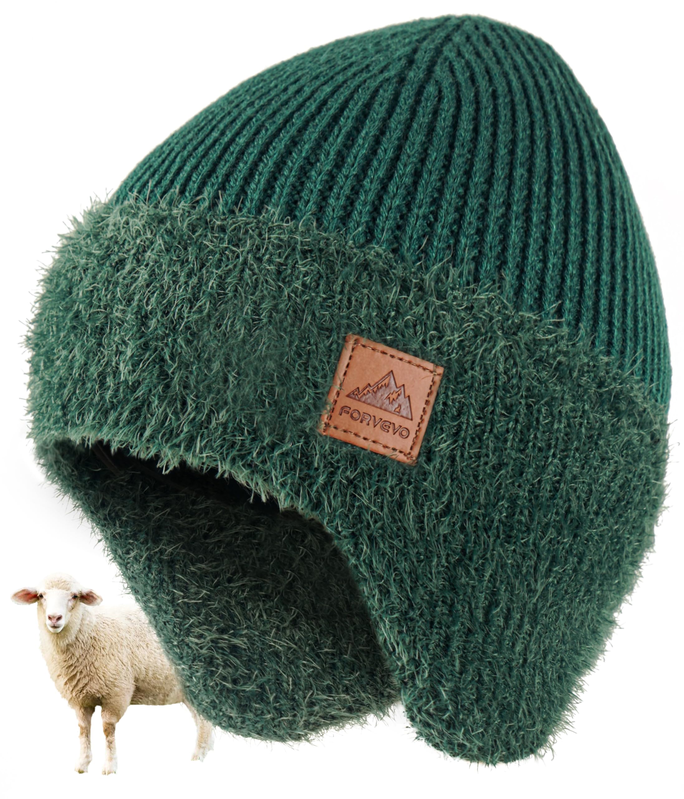 FORVEVO Mens Beanie Hat with Earflaps, Winter Hats with Thick Warm Fleece Lining, Thermal Knit Wooly Beanie Hats for Winter Daily Life Outdoor Running Skiing, Green