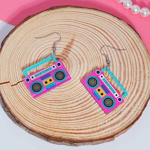 Miniatura 7 de Aretes de los años 70, 80 y 90 para mujer, aretes retro de cinta de cassette acrílica, aretes colgantes para Halloween, cosplay, fiesta brillante,