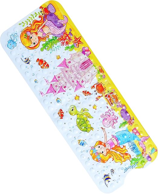 Bathsafe Mermaid Princess Extra Long Bathtub Mat Non-Slip Suction Cups Shower Mat Durable Bath Mat for Kids Toddler Baby with Drain Holes Suction Cups,100x40CM
