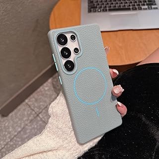 جراب موبايل من الجلد والسيليكون الناعم بنقشة ليتشي يدعم ماج سيف للشحن اللاسلكي، مصنوع من مادة البولي يوريثين المقاوم للحرارة من نوع كابا ممتص الصدمات وشفاف من الرايق (سامسونج S23 الترا، أزرق فاتح)