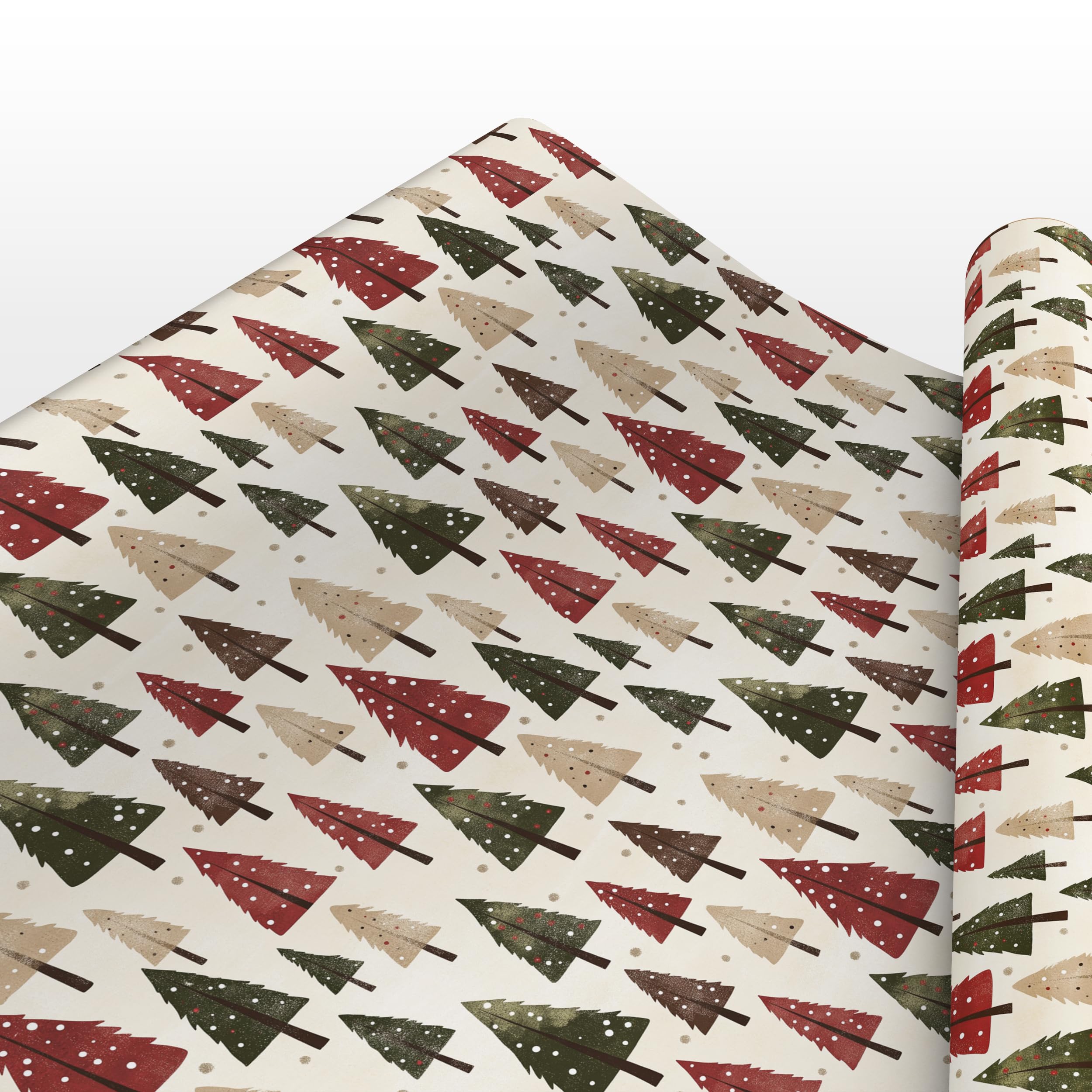 Luxury Rustic Christmas Wrapping Paper – Red, Green & Beige Fir Tree Print with Snowfall – Festive Gift Wrap Sheets or Rolls up to 6m – 100gsm FSC Certified Matte - 2M