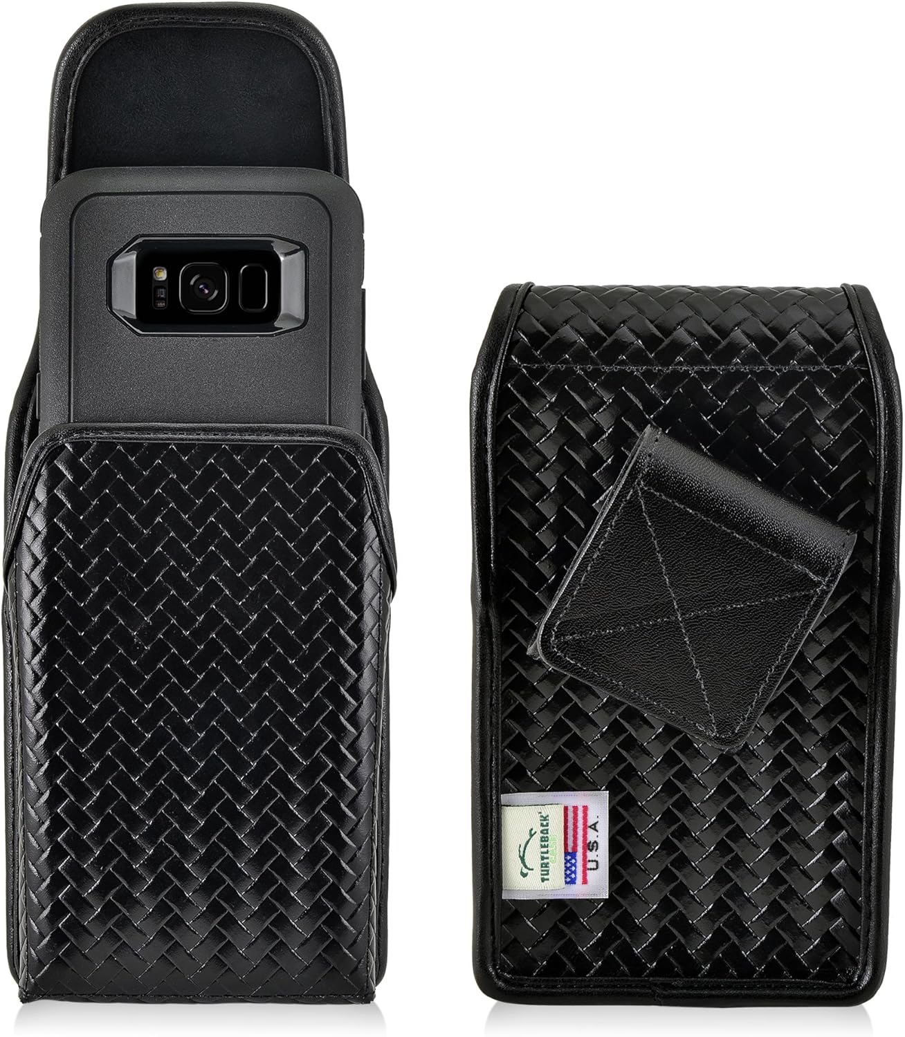 Turtleback Belt Case Holster Made for Samsung Galaxy S8 w/OB Defender Case Black Basketweave Leather Police Duty Belt Pouch with Heavy Duty Rotating Belt Clip, Horizontal (Magnetic Closure)