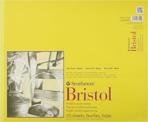 Strathmore 300 Series Bristol Paper Pad, Smooth, Tape Bound, 35.56 x 43.18 cm, 20 Sheets (100lb/270g) - Artist Paper for Adults and Students - Markers, Pen and Ink