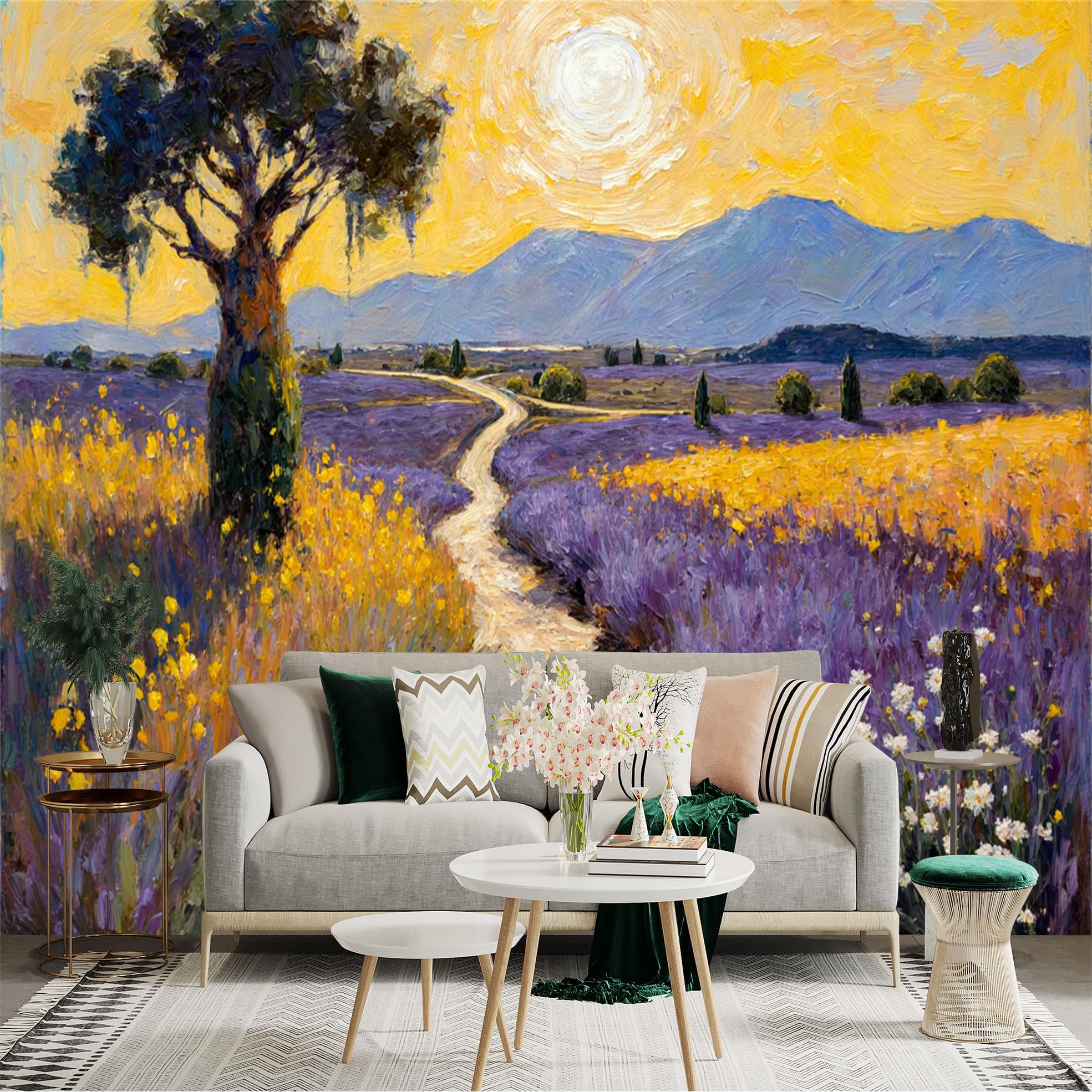 Lnzczhyre Xc260505405 Custom Size Wall Sticker Mural， Oil Painting Of Rural Landscape， Winding Path Through Vibrant Lavender Fields， Golden Sunset And Mountain Backdrop， For Wall Decoration， Peelandstick Wall Decals.