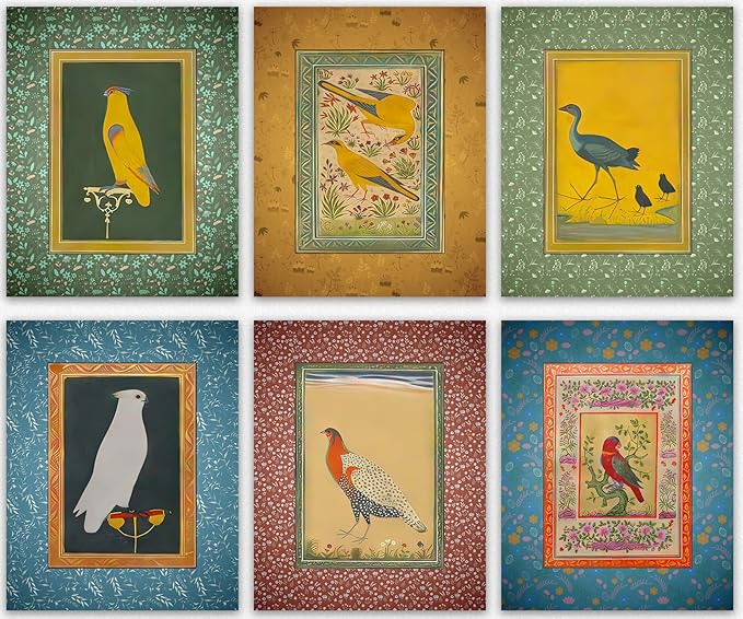 Bird Wall Art Bird Prints Set of 6 Persian Miniature Bird Posters
