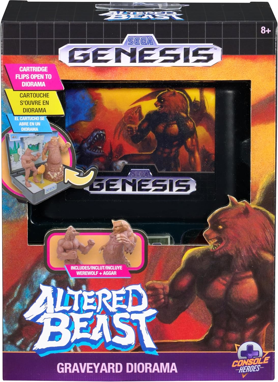 Console Heroes Altered Beast Retro Collectible Diorama – Mini Werewolf & Aggar Figures with Graveyard Boss Scene – SEGA Genesis Cartridge Collectible