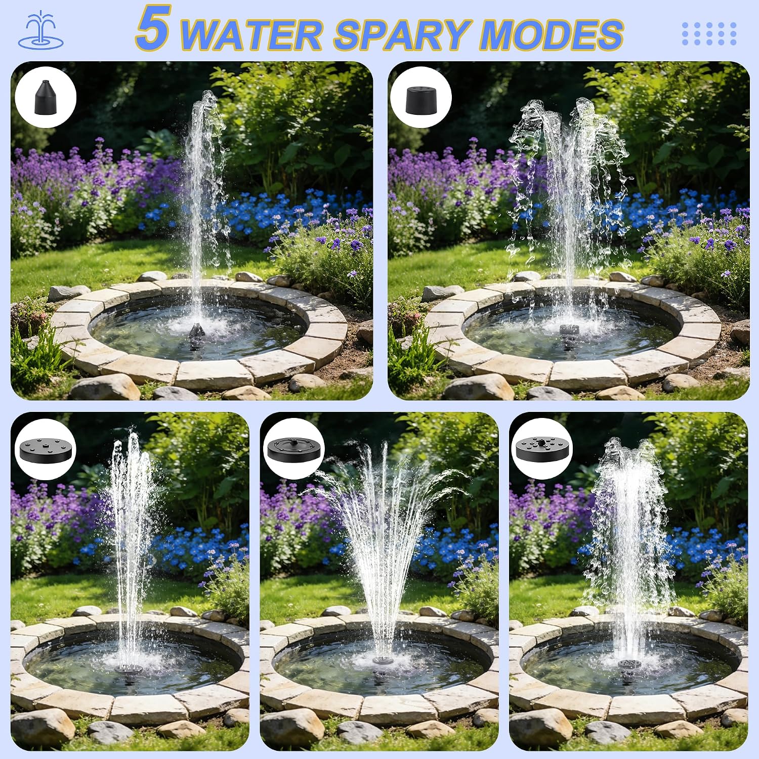 Yeomi Solar Water Fountain for Bird Bath, 2.5W 5V Solar Powered Water Pump with Separated Solar Panel, Outdoor Solar Fountain for Small Pond, Garden Water Feature Decoration with 5 Spray Nozzles
