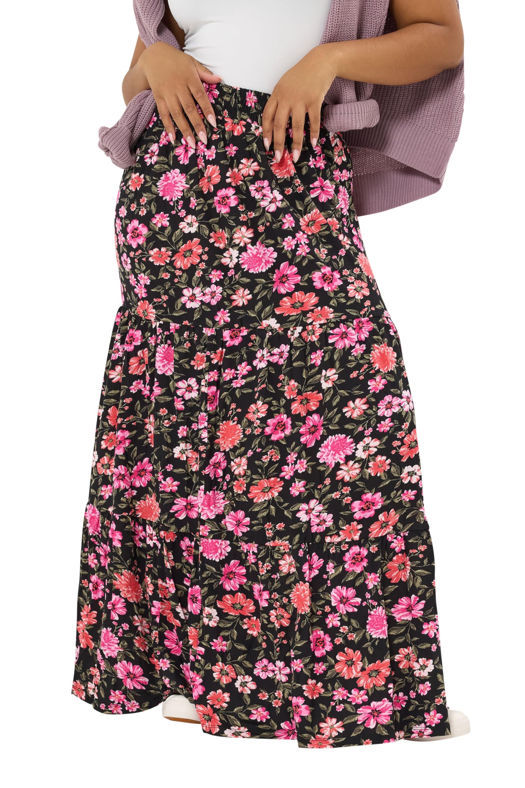 Yours Women's Ink Black Curve Black Floral Tiered Maxi Skirt - Plus Size Curve