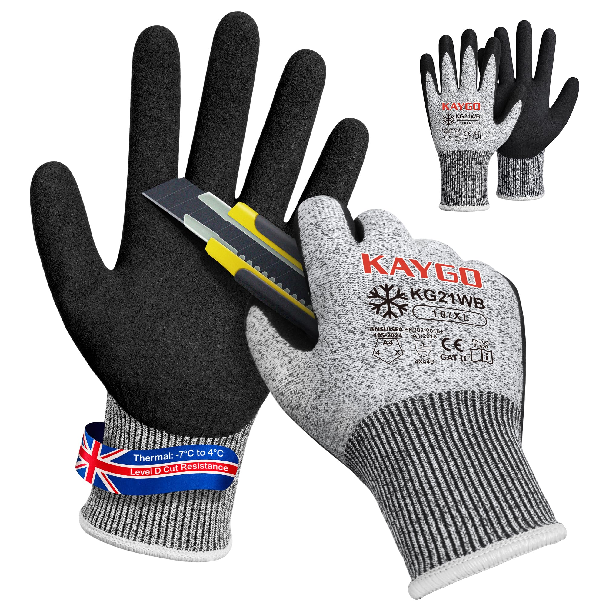 KAYGO Thermal Safety Work Gloves Sandy Nitrile Coated 2 Pairs, KG21W