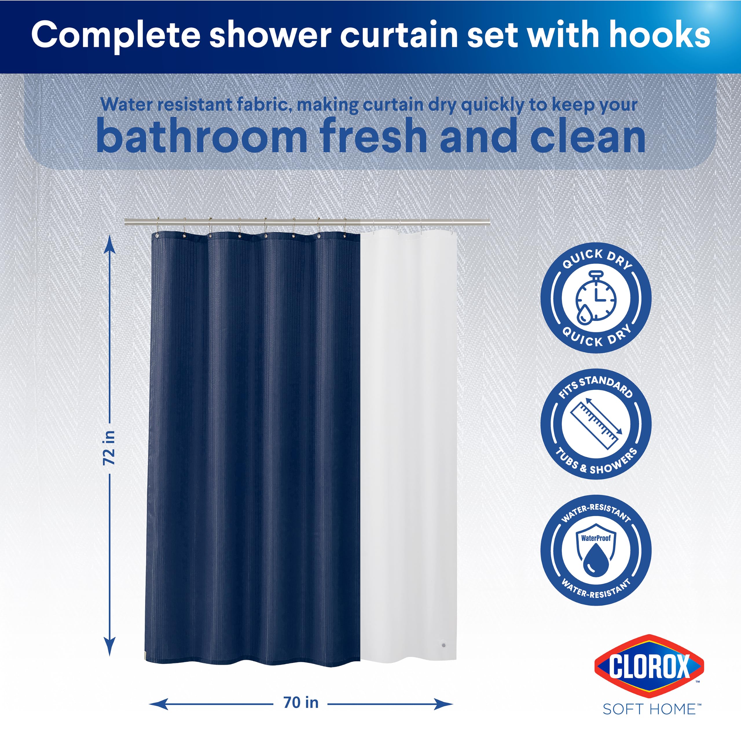 Clorox Rideau de Douche 100% Polyester avec Doublure imperméable en PEVA et 12 Crochets métalliques (Bleu Nuit)