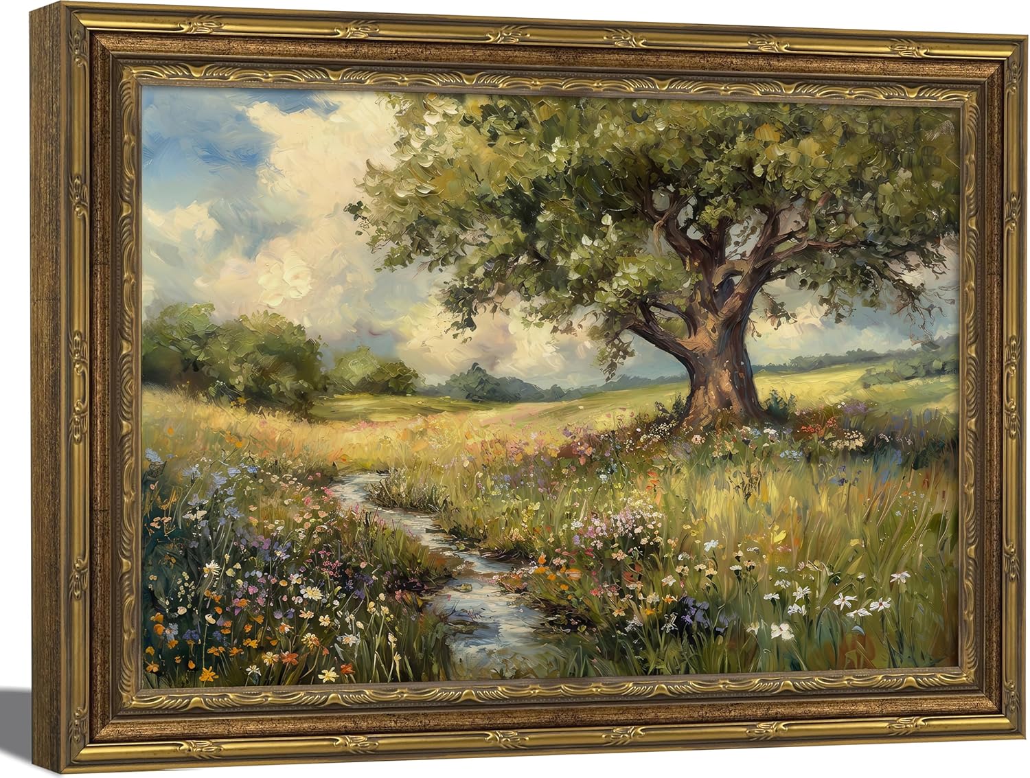 Amazon.com: Vintage Gold Framed Landscape Wall Art Floral Meadow with ...