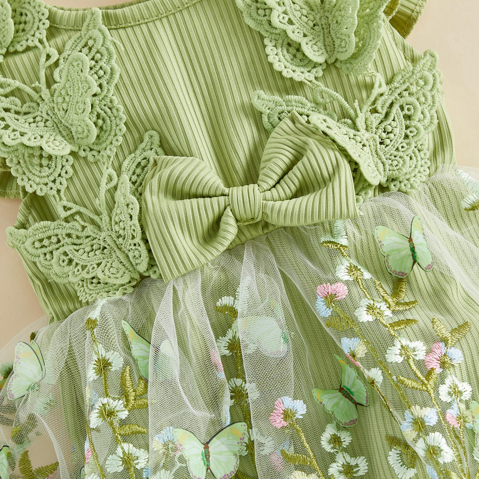 Caziffer 2Pcs Ensemble Bébé Fille Été, Robe Barboteuse à Manches Volantes, Fleur Brodée, Tulle Patchwork, 3D Papillon Décor, avec Bandeau, Tenue pour Bébé Fille Chic, 0-18 Mois