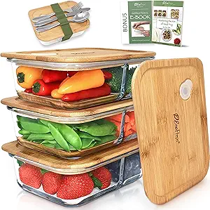 Glass Meal Prep Containers with Bamboo Lids, 2 Compartment Glass Bento Box Container Set (3 Pack) | 100% Plastic Free, Eco-Friendly, Lunch Containers with Lids Made of Bamboo - Set of 3