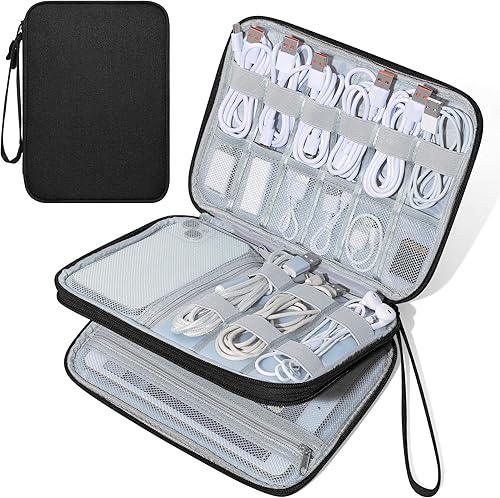 SELLYFELLY Organizador de viaje para electrónica, bolsa organizadora de cables de doble capa, bolsa de almacenamiento de accesorios electrónicos