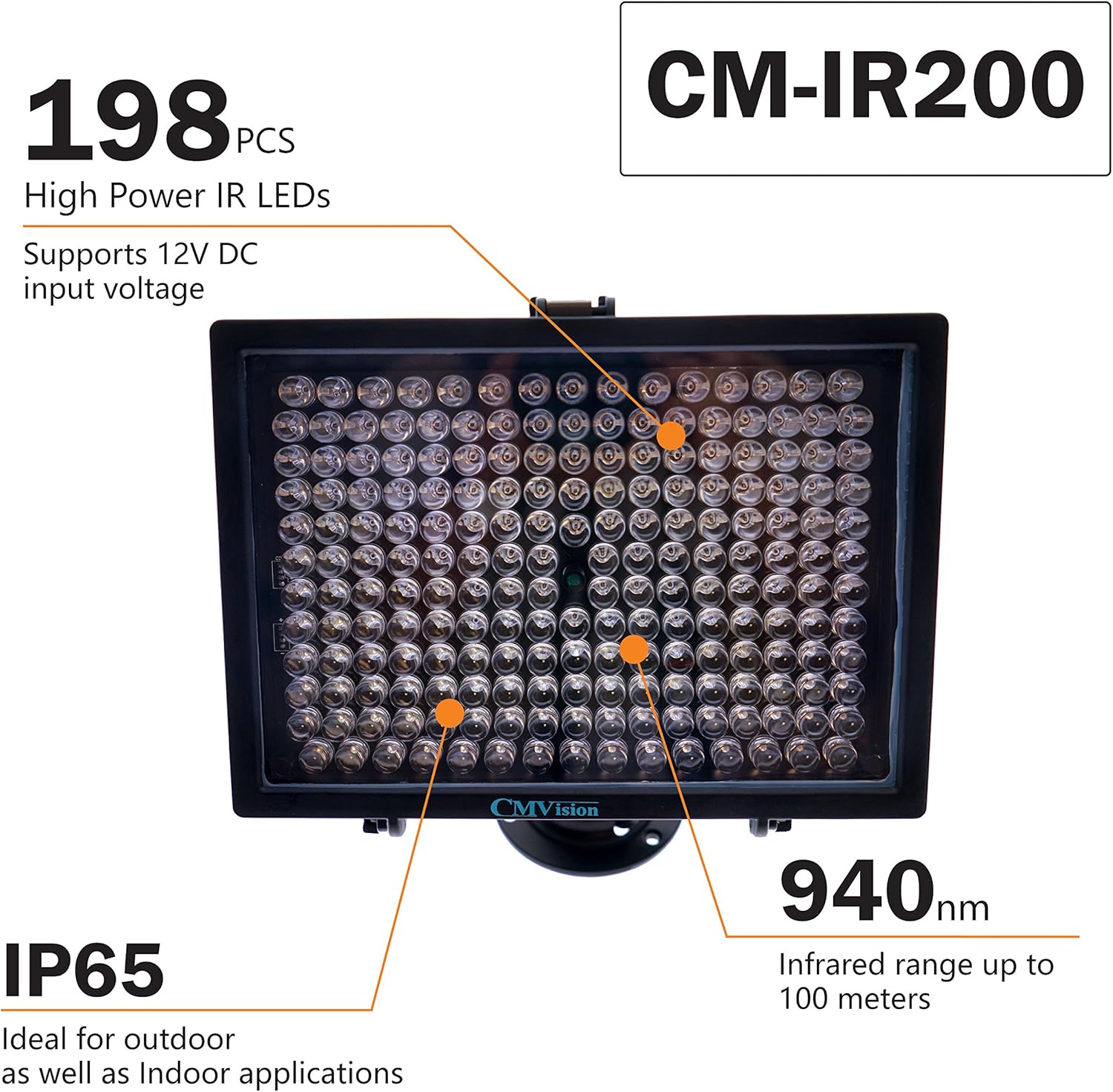 Crazy Deals CMVision-IR200 - 198 ( 850nm ) IR LED Night Indoor/Outdoor Long Range 300ft IR Illuminator w/ Free 12V Power Adapter ( Up & Down Position Adjustment only) 45 Degree Spot IR Light