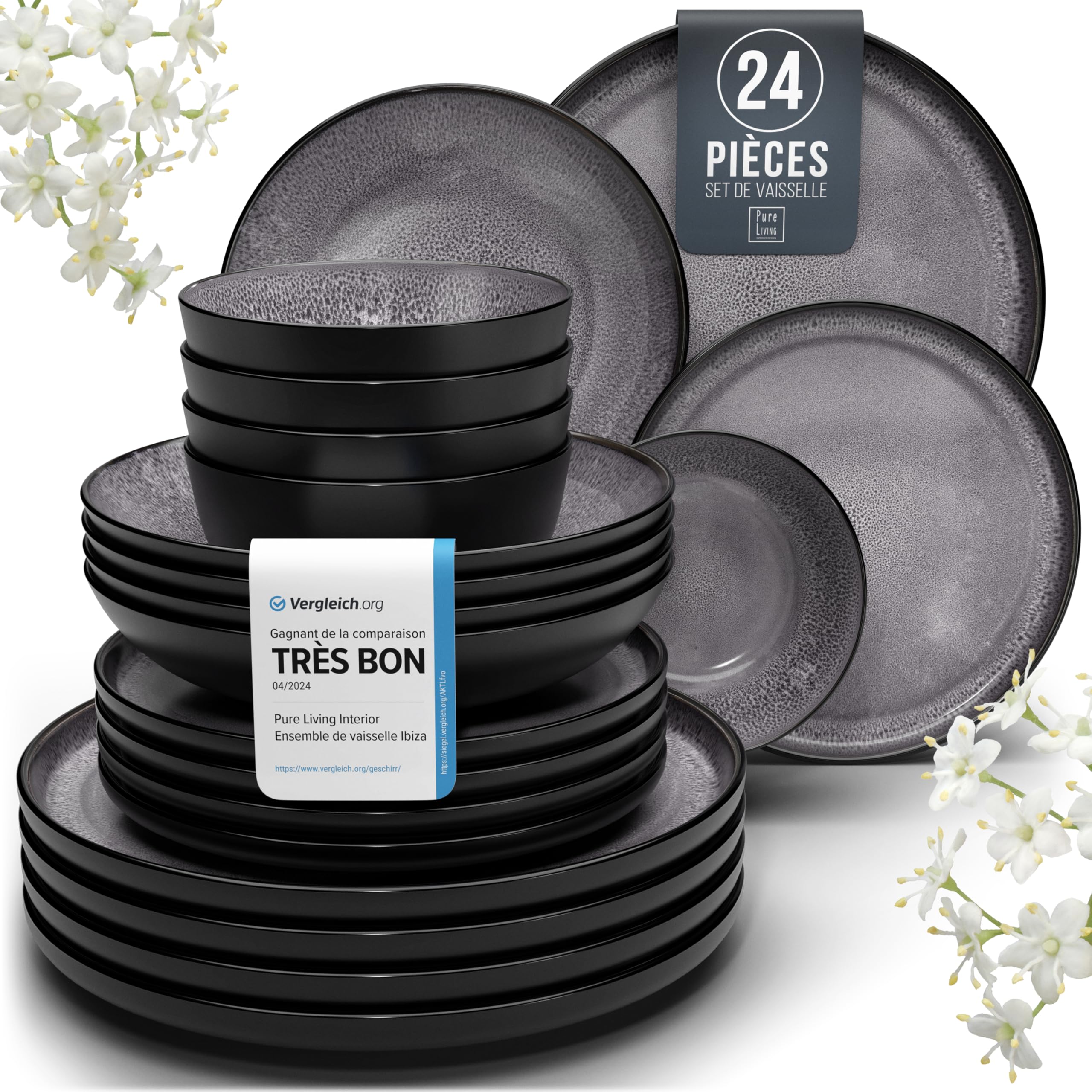 PURE LIVING INTERIOR DESIGN Ibiza Stoneware Crockery Set for 6 People, 24 Pieces, Mediterranean Crockery Set, Dishwasher, Microwave and Scratch Resistant, Bowl and Plate Set, Black in Grey