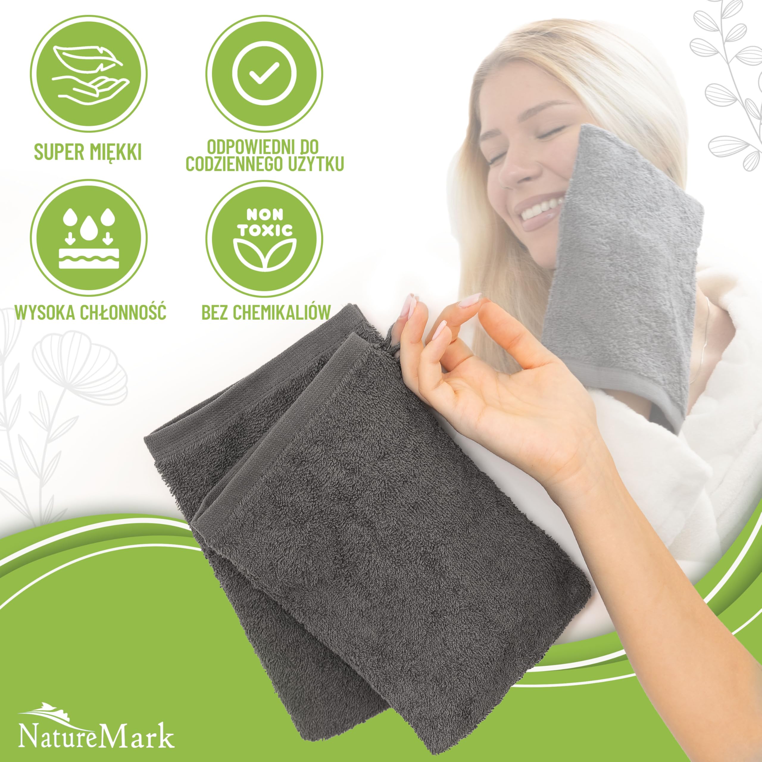 NatureMark – Zestaw 10 rękawic kąpielowych z miękkiej frotte, 100% bawełna, certyfikat Öko-Tex, kolor Antracytowy, rozmiar 15 x 21 cm