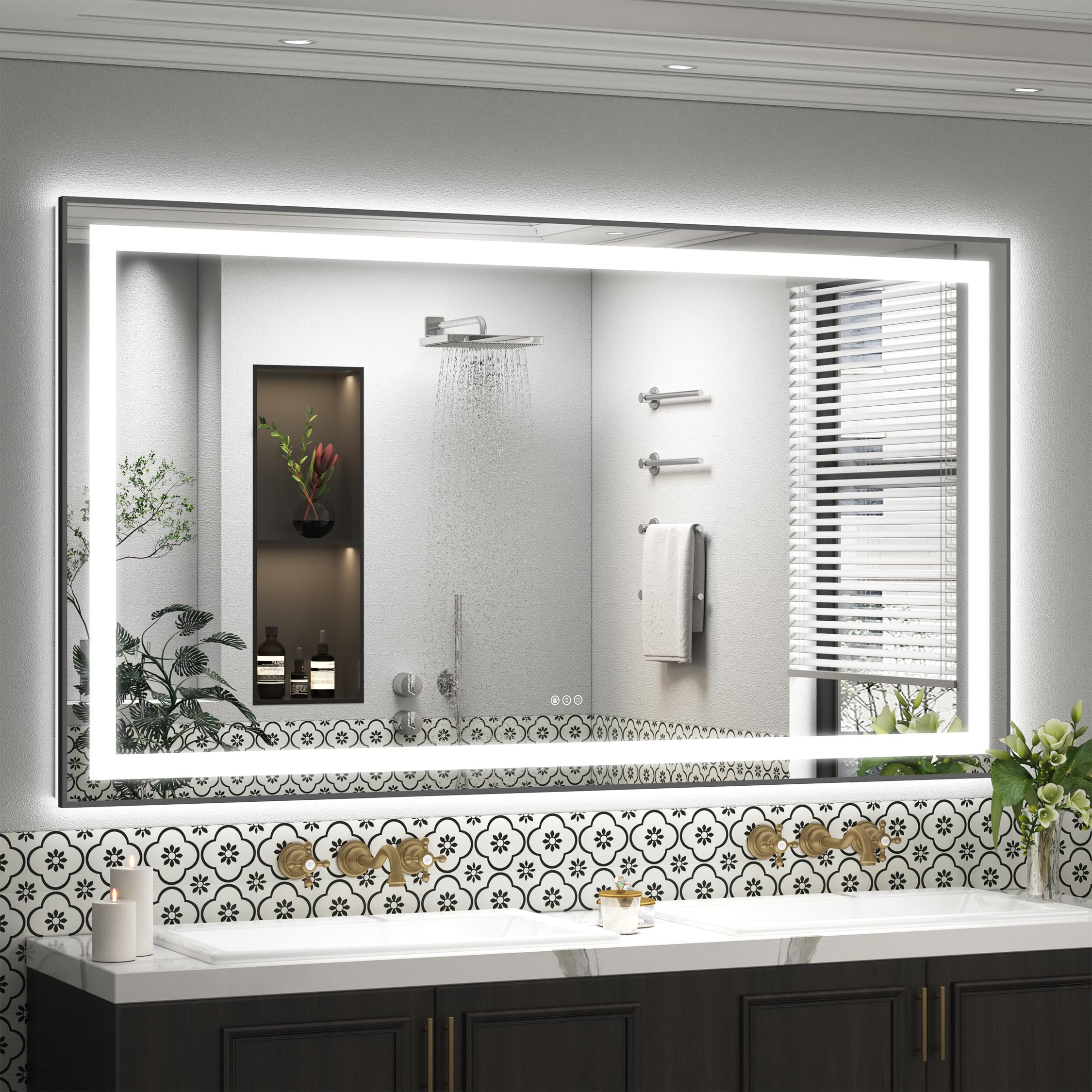 72x40 LED Lighted Bathroom Mirror for Wall, Black Frame Vanity Mirrors with Lights, 3 Colors, Anti-Fog, Shatterproof, Backlit and Front Lights, Memory, ETL Listed