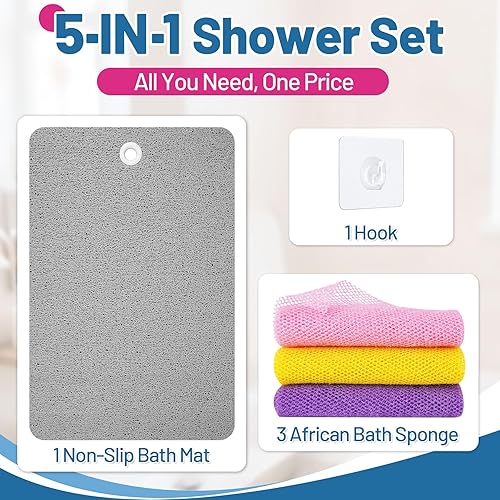 Miniatura 2 de Value - Juego de 5 piezas, 1 alfombrilla de ducha antideslizante, 3 esponjas exfoliantes de red africana, 1 gancho de secado para baño, bañera