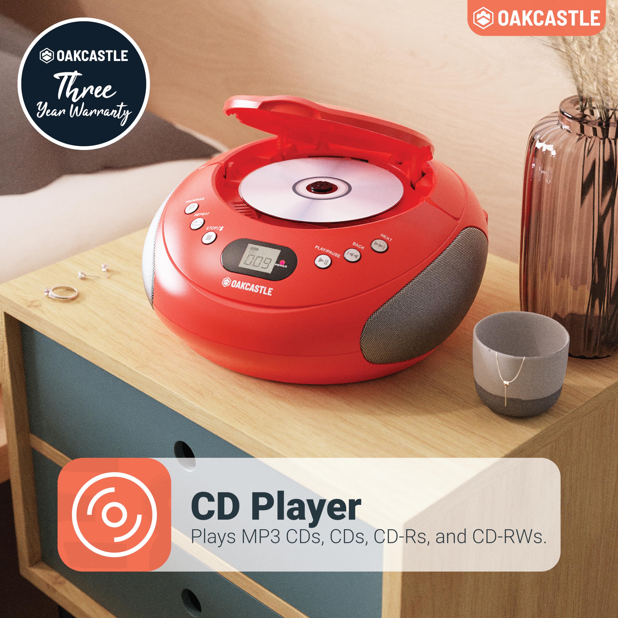 Portable Bluetooth CD Boombox with FM radio, Red - Image 3