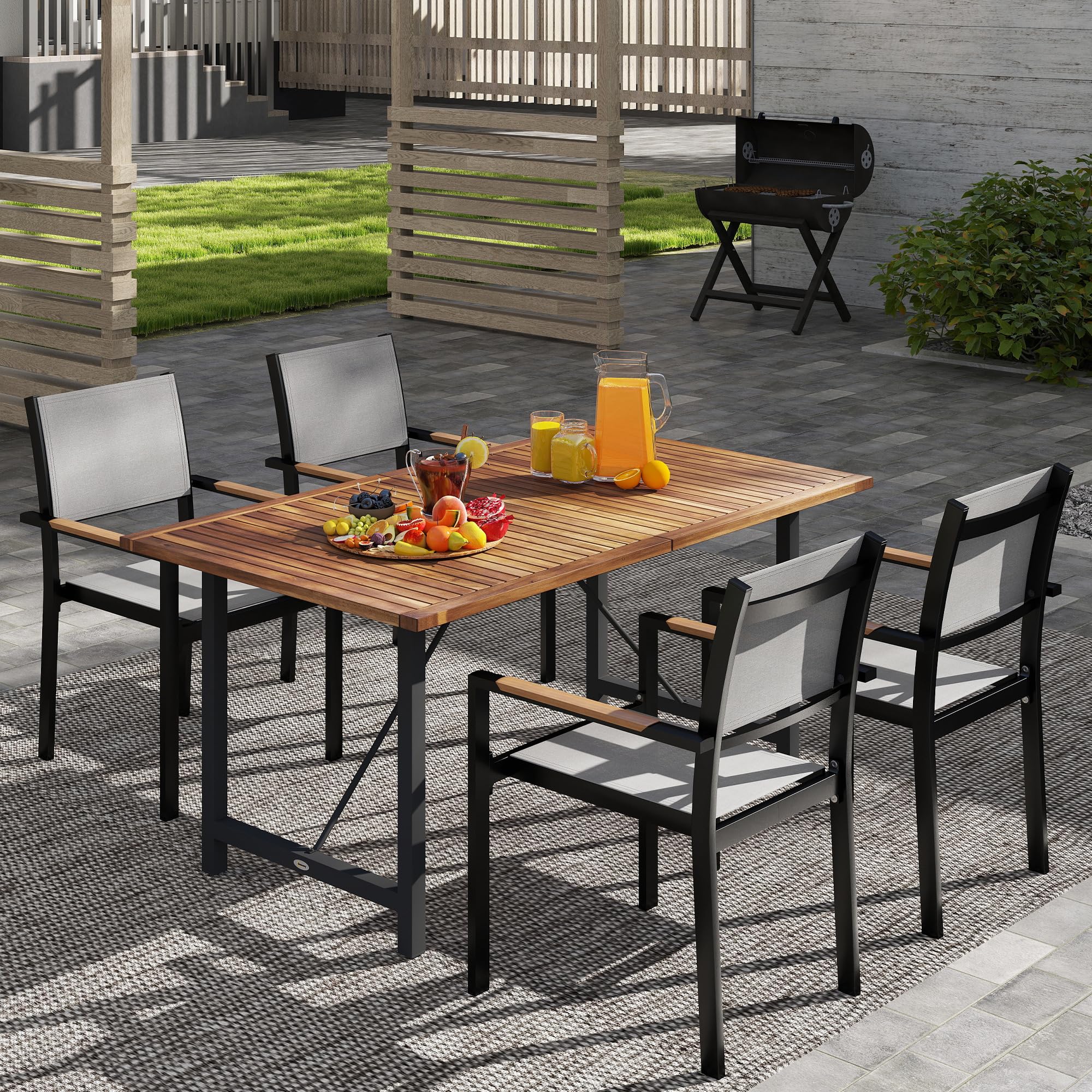Outsunny Tavolo da Giardino Legno di Acacia e Acciaio, 160x90x75 cm Teak | Tavolo da Esterno Rettangolare, Piano a Doghe, Tavolino da Balcone, Patio, Terrazzo, Cortile, Esterno