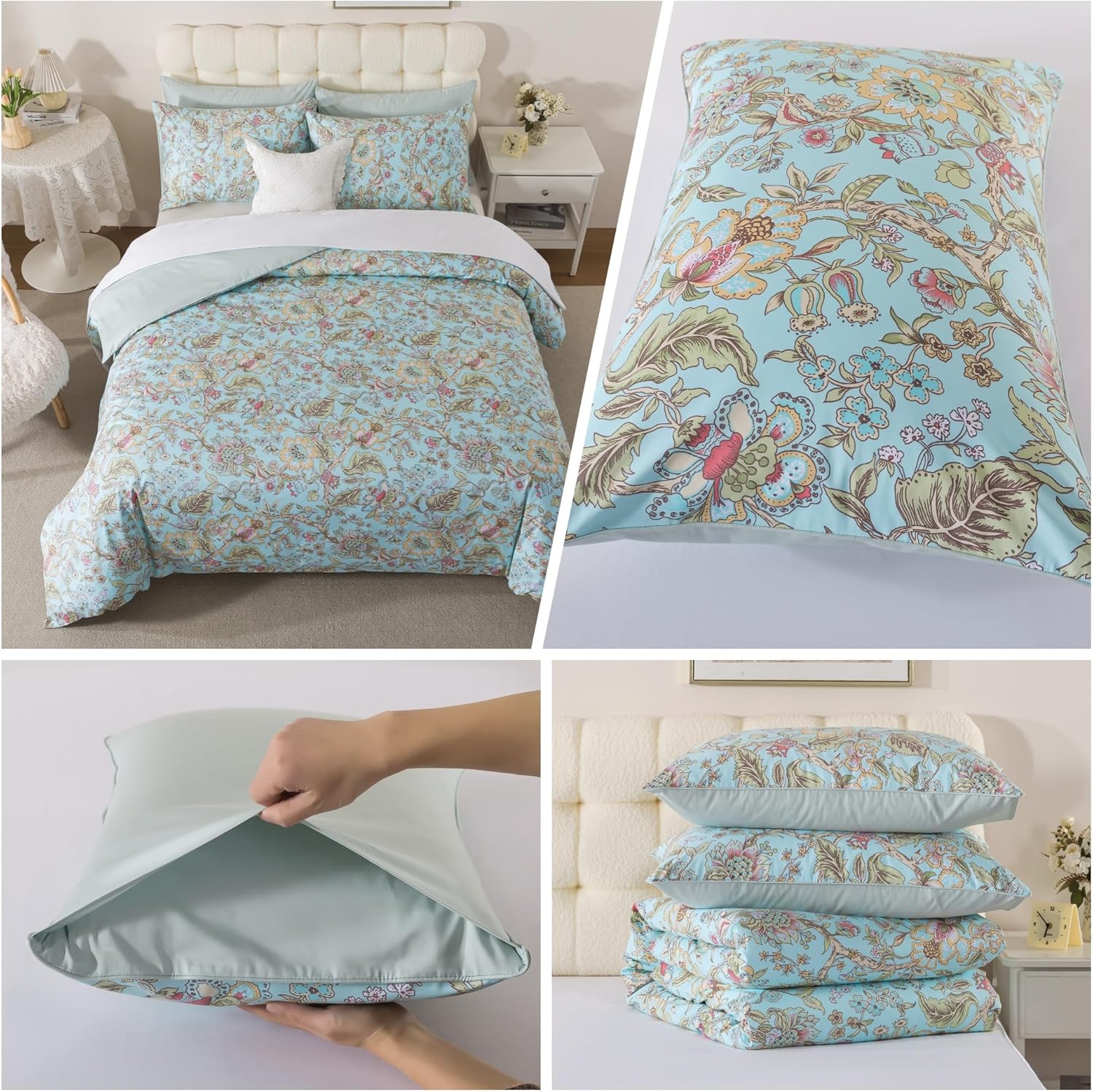 Helthep Vintage Colorful Floral Cal King Size 3Pcs Duvet Cover Set Luxury Botanical Bedding Set 100% Egyptian Long Sateen Cotton Elegant Garden Pattern Comforter Cover with Pillowcases Haze Blue