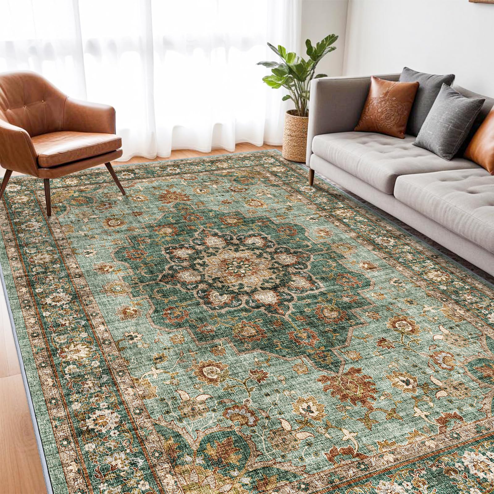 View 1 of **SIMILAR NOT EXACT PLEASE REFER TO PHOTOS *** TOPRUUG Washable Oriental Area Rug - 7x9 Rugs for Living Room Soft Carpet for Bedroom Waterproof Floral Distressed Indoor Stain Resistant Non-Shedding Floor Carpets (Green, 7x9)