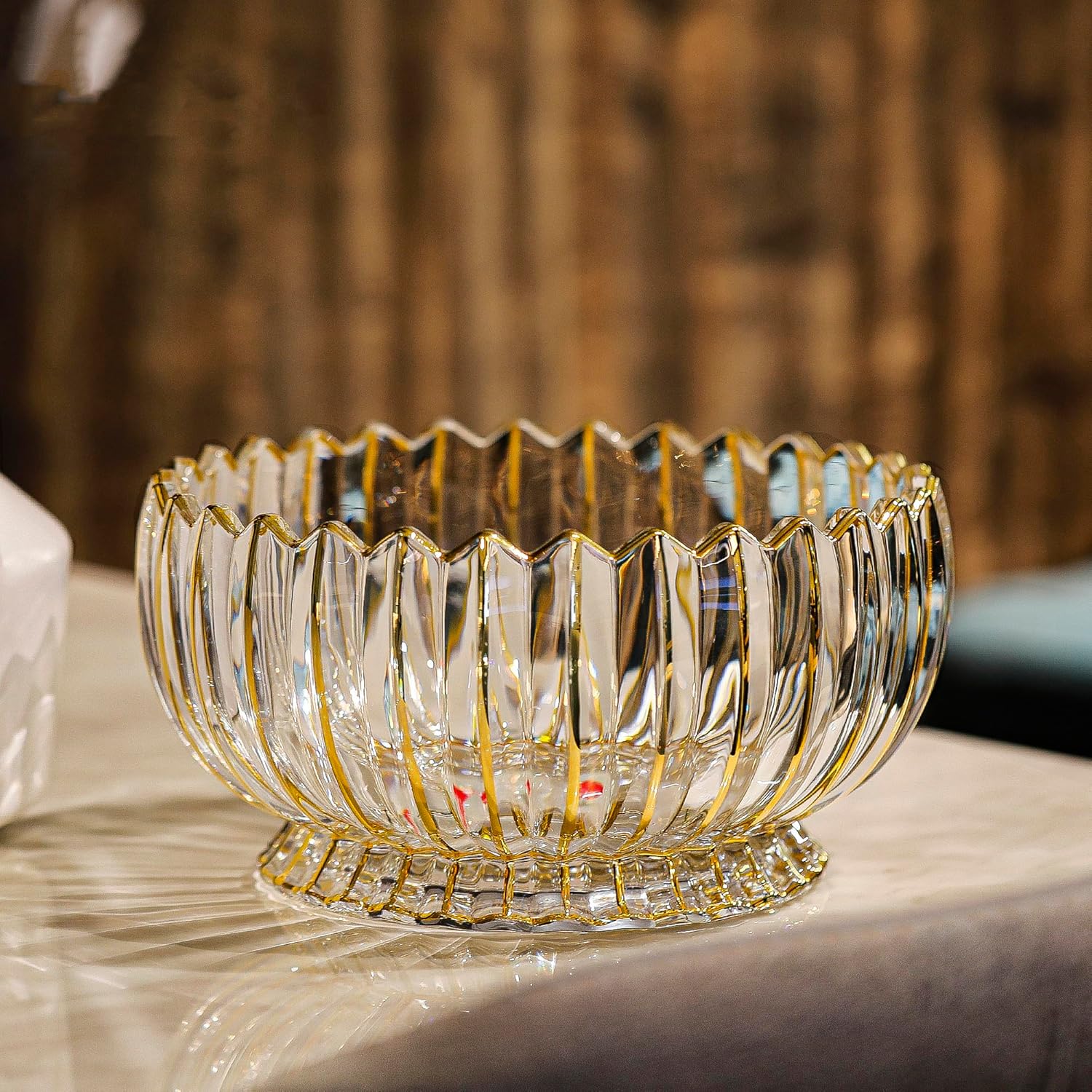 MAGCOLOR Hand painted Gold Round Crystal Glass Fruit Bowl-8.7inch Diameter, Footed Bowl,Elegant Decorative Fruit/Candy Bowl.