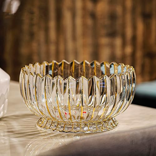 Puremagics Cuenco redondo de cristal dorado pintado a mano con patas de frutas, 8.7 pulgadas de diámetro, elegante cuenco decorativo para frutas/caramelos.
