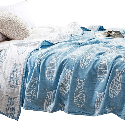 MEJU - Manta de verano ligera de muselina para cama, sofá, 100% algodón peinado, 4 capas, suave, cálida y de secado rápido, colcha para cama
