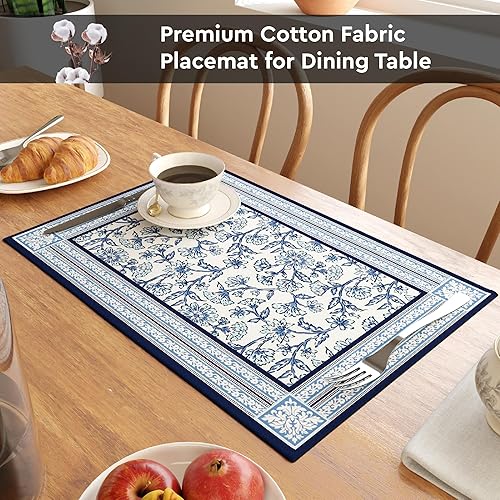 Miniatura 4 de Encasa XO Juego de 6 manteles individuales de lona de algodón con estampado de bloques índigo-02, 18 x 13 pulgadas, estampado a mano de Jaipur