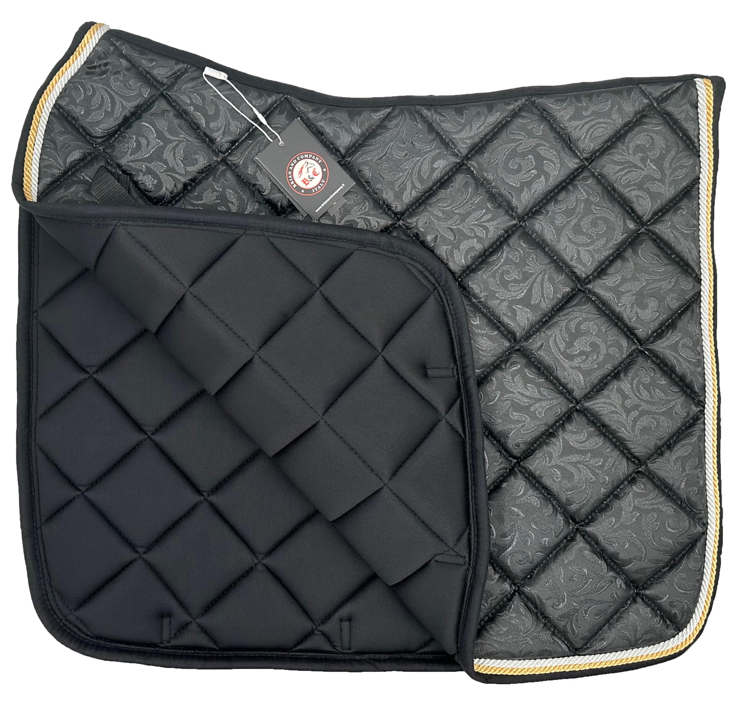Sous-selle d'équitation respirante, lacets de positionnement avec fermeture à déchirure, bordure élégante en corde anglaise, avec bonnet coordonné noir, COB DRESSAGE)