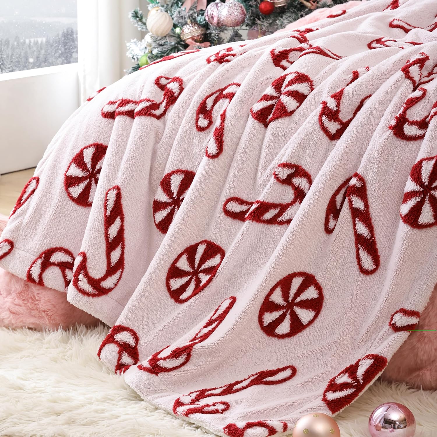 JANZAA Christmas Blanket, Pink Blanket for Couch, Fleece Throw Blanket with Candy Cane Pattern, Tufted Soft Microfiber Bed Blanket, 50" x 60" - Image 3