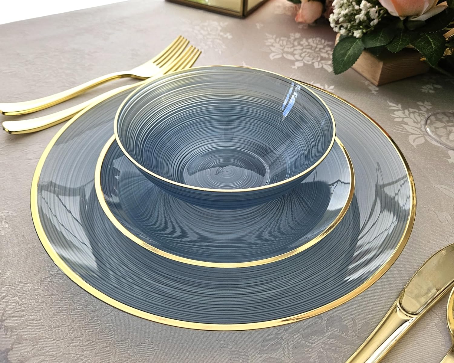 OCCASIONS 50 Plates (25 Guests) Blue and Gold Disposable Plastic Plate Set for Wedding Party - 25x10'' Dinner + 25x7'' Salad - Belize in Blue & Gold