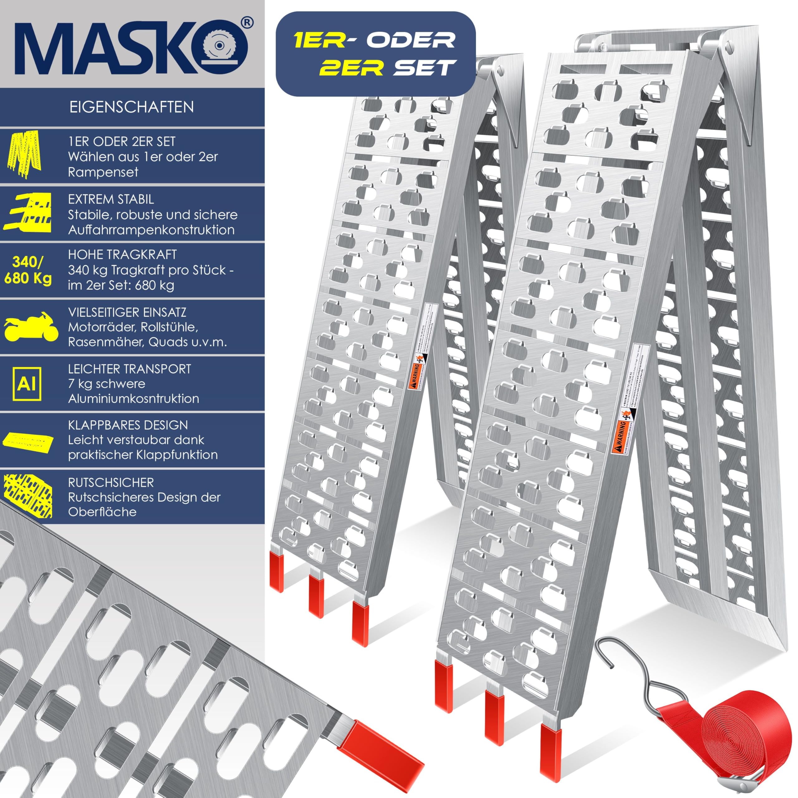 MASKO® Auffahrrampe 340kg Faltbare ALU Verladerampe Max 680kg* Pro Paar Verladeschiene Antirutsch Klappbar max. 340kg* pro Stück Motorrad ATV Quad PKW Auto Laderampe,1x Auffahrrampe Silber