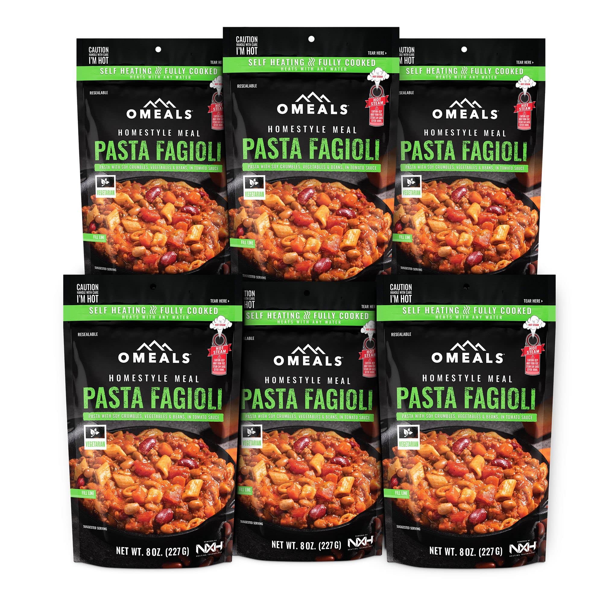 OMEALS Pasta Fagioli Six Vegetarian MRE Sustainable Premium Outdoor Fully Cooked Meals w/Heater - Ex