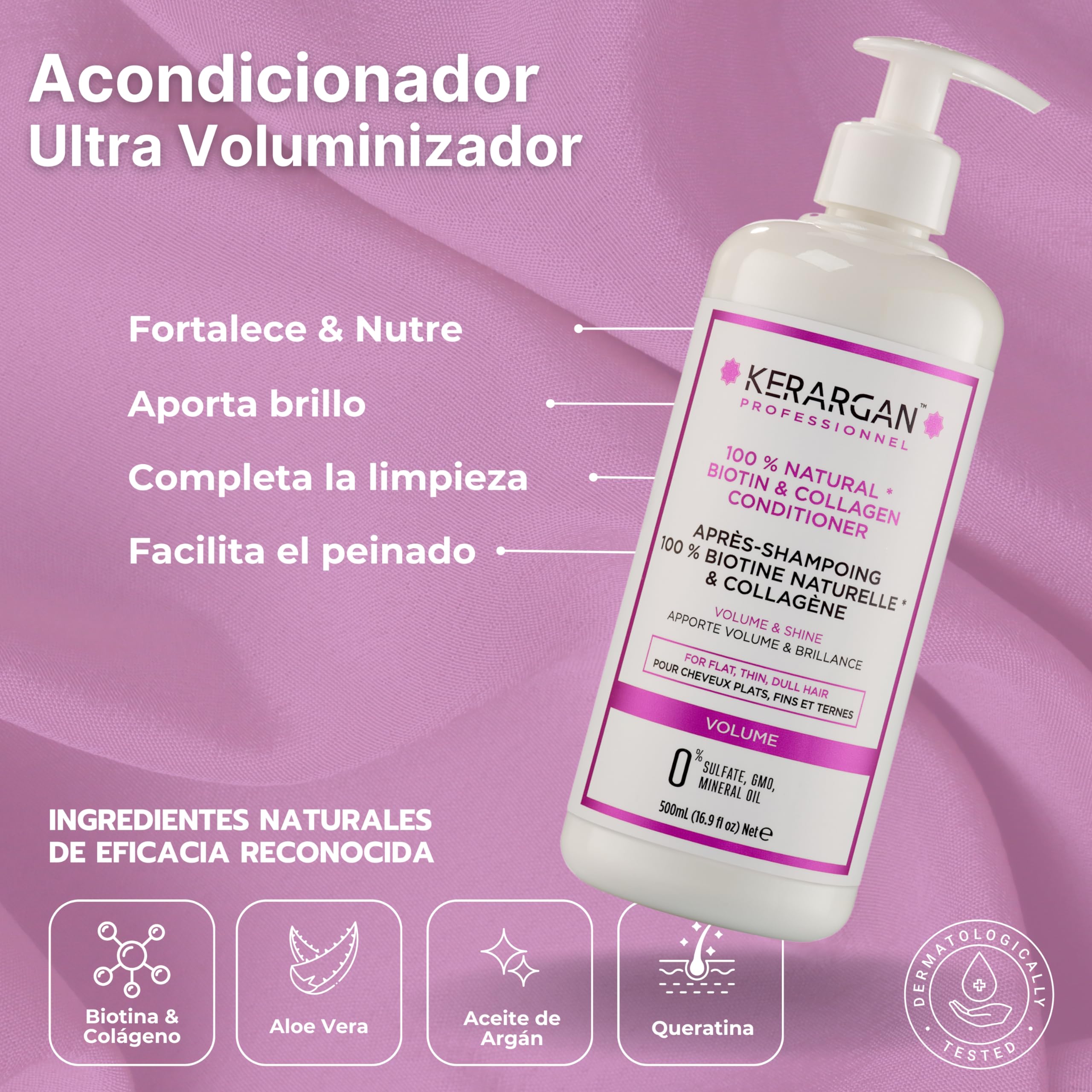 Kerargan - Conjunto Voluminizador Champú, Acondicionador, Mascarilla, Sérum & Leave-In con Biotina & Colágeno - para Cabello Fino y Sin Vida - Sin Sulfatos, OMG, Silicona - 3x500ml+1x100ml+1x350ml | Champú, acondicionador, mascarilla, sérum y cuidado sin